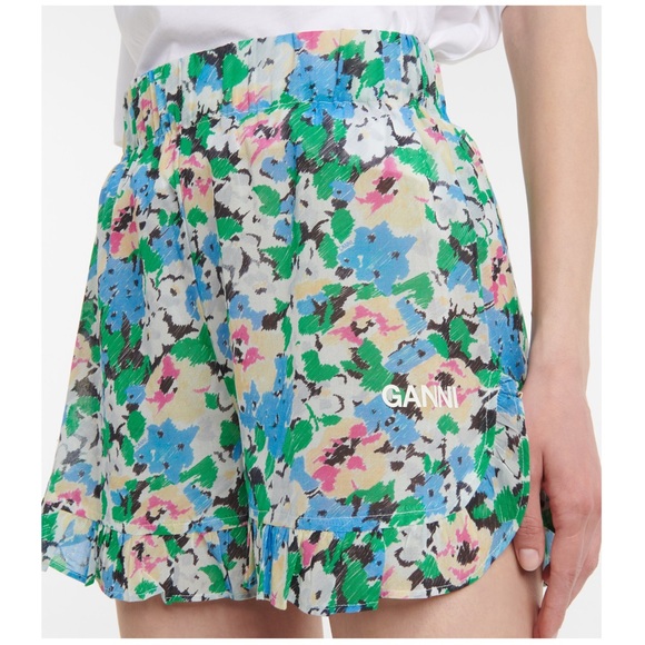 GANNI Ruffle Trim Shorts Floral Azure Blue FR34/US2
